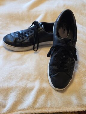 Michael Kors Black Leather Lace-Up Sneakers with White Soles